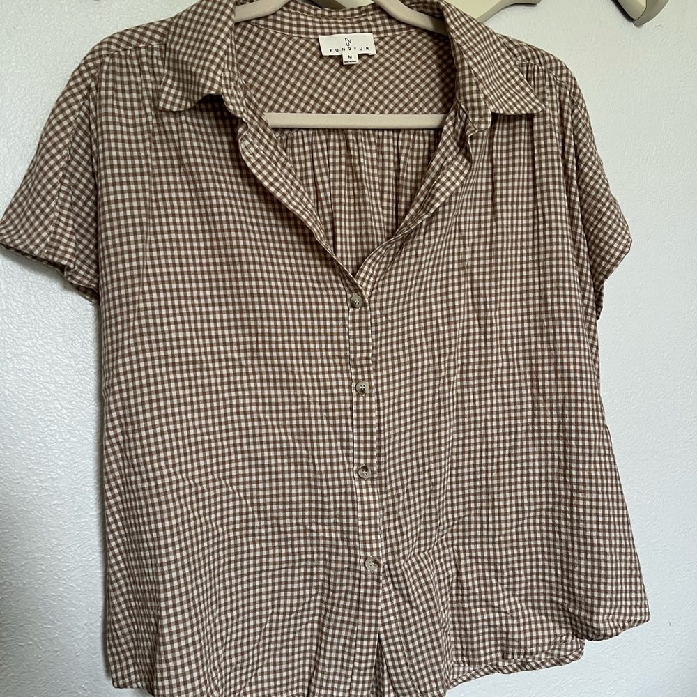 Tan Gingham Button Down Shirt